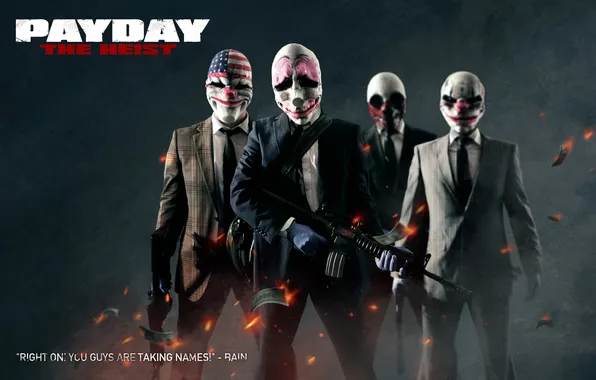 Weapons, people, dollars, mask, the robbers, Payday, The Heist