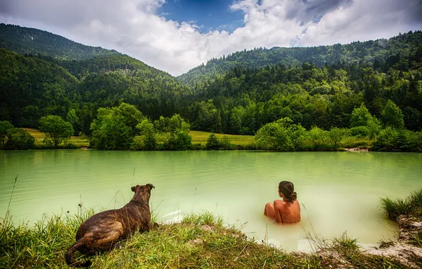 Picture girl, dog, pond