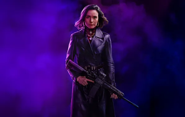 Girl, weapons, background, smoke, cloak, action, poster, Ballerina