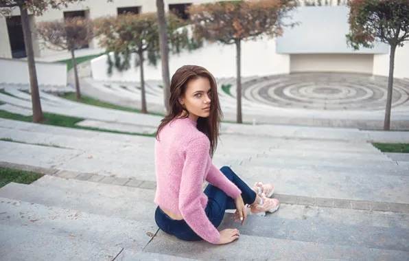 Picture look, girl, photo, back, jeans, ladder, sitting, sweater