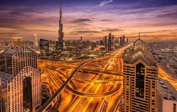 Road, the sky, clouds, line, sunset, night, the city, lights