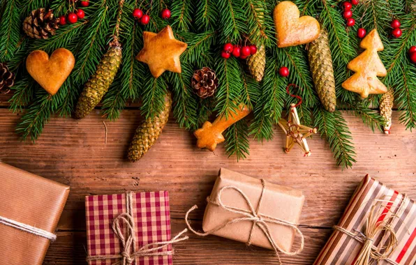 Branches, berries, Board, stars, cookies, gifts, hearts, tree