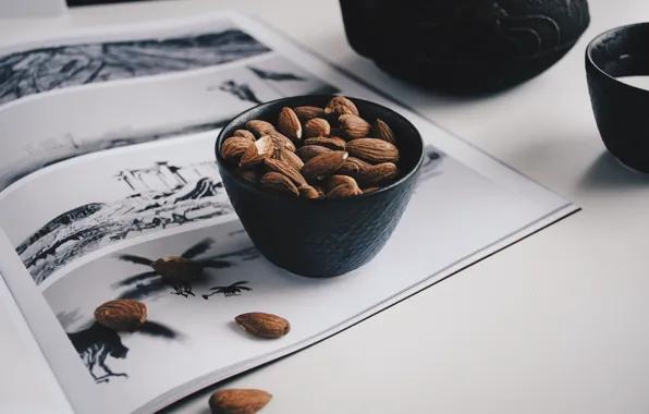 Food, bowl, nuts, journal, almonds