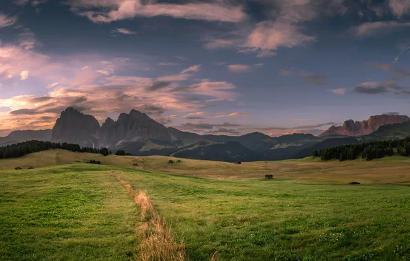 The sky, Clouds, Mountains, Meadow, Landscape