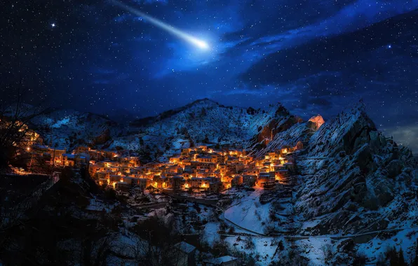 Winter, stars, snow, night, lights, darkness, blue, rocks