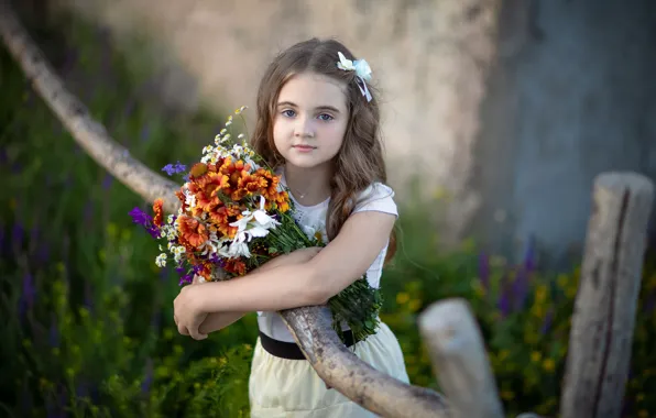 Picture flowers, branches, nature, bouquet, girl, child, curls, Rus