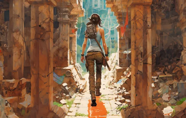 Tomb Raider, Lara Croft, back, adventure, cargo pants, ruins