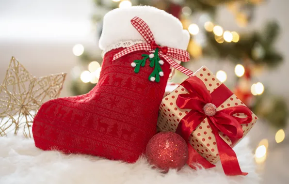 Red, lights, box, gift, star, sock, ball, Christmas