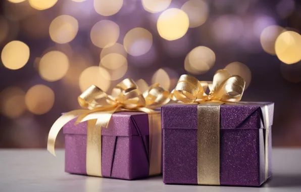 Lights, Christmas, gifts, New year, bows, gold, lilac, box