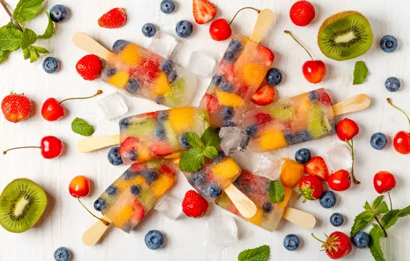 Ice, berries, kiwi, blueberries, strawberry, ice cream, fruit, mint