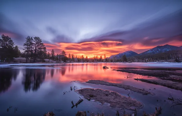 Picture trees, sunset, mountains, lake, Colorado, Colorado, Rocky Mountain National Park, Sprague Lake