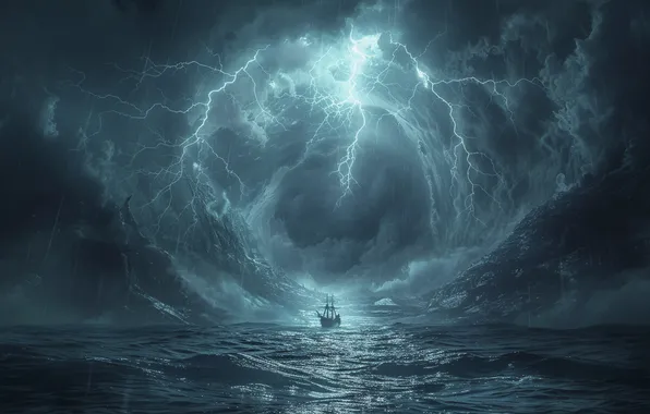 Picture Sea, Wave, Lightning, Ship, Storm, The portal, Digital art, Sailing