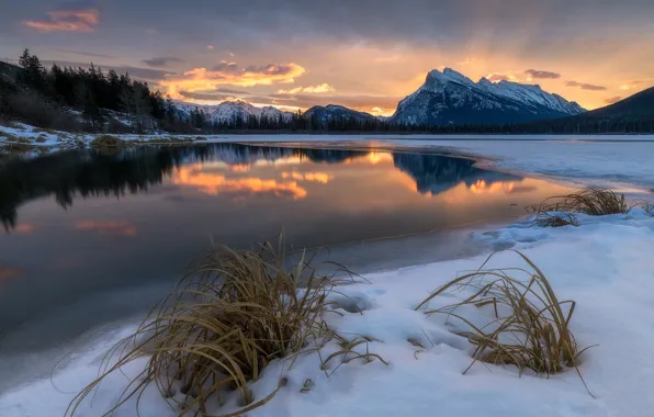 Winter, sunset, lake
