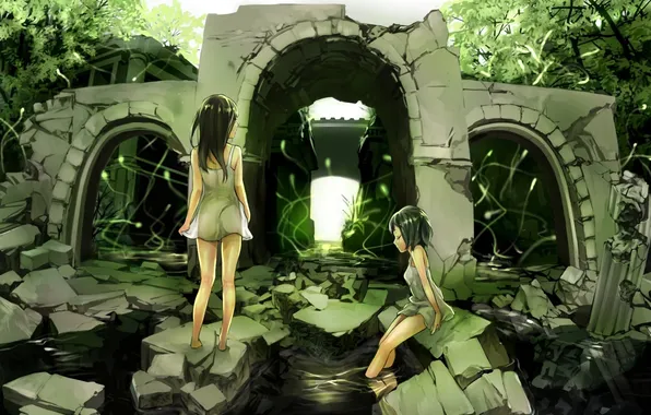 Picture water, stones, girls, art, ruins, arch