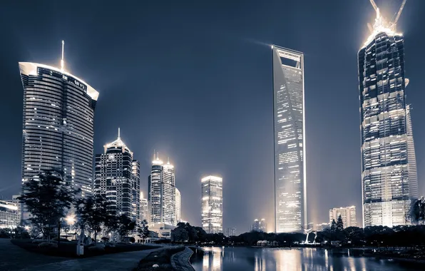 China, building, China, Shanghai, Shanghai, night city, promenade, skyscrapers