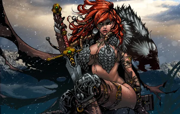 Chest, woman, sword, red, barbarian