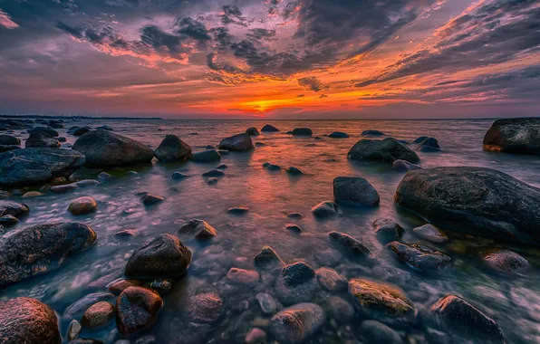 Sea, landscape, stones, dawn