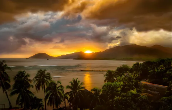 Sea, the sky, sunset, mountains, palm trees, Cuba, Cuba, The Caribbean sea