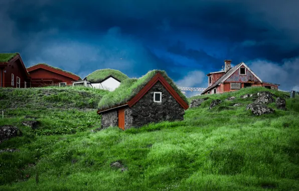 The sky, grass, clouds, house, stones, slope, Denmark, Faroe Islands