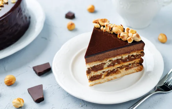 Chocolate, cake, nuts, cream, dessert