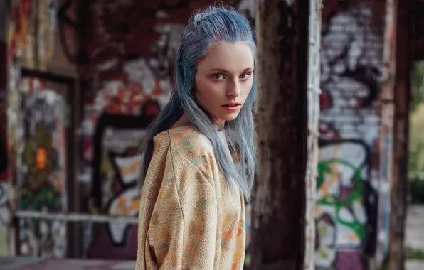 Picture girl, look, piercing, blue hair