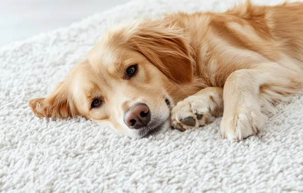 Look, pose, comfort, carpet, dog, paws, lies, face