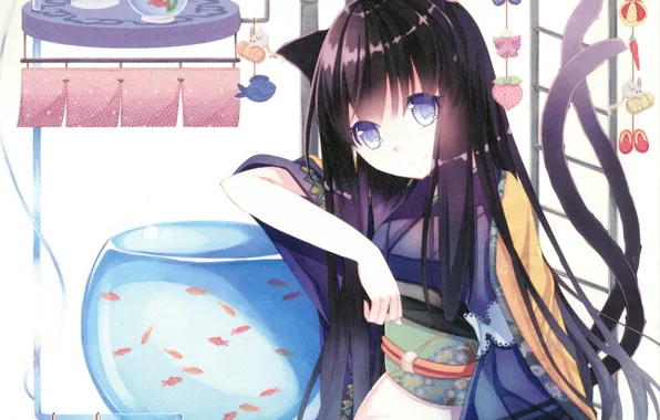 Fish, aquarium, ladder, girl, tail, kimono, ears, art