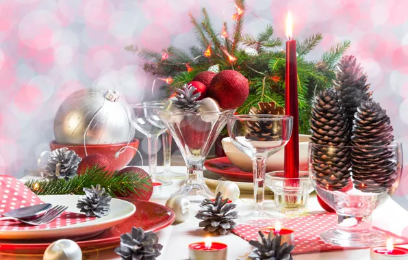 Holiday, Candles, Glasses, New year, Bumps, Table setting