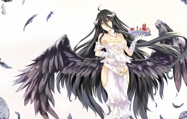 Girl, Wings, Overlord, drinks, art, tray, Albedo, Demoness