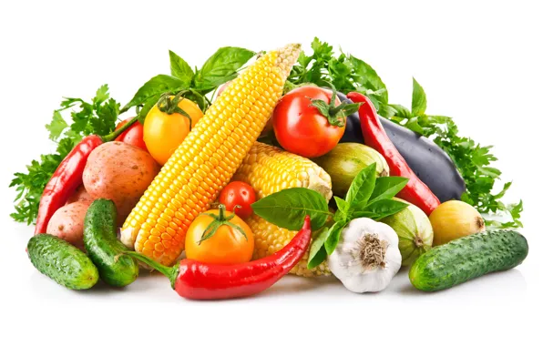 Greens, background, corn, pepper, still life, vegetables, tomatoes, garlic