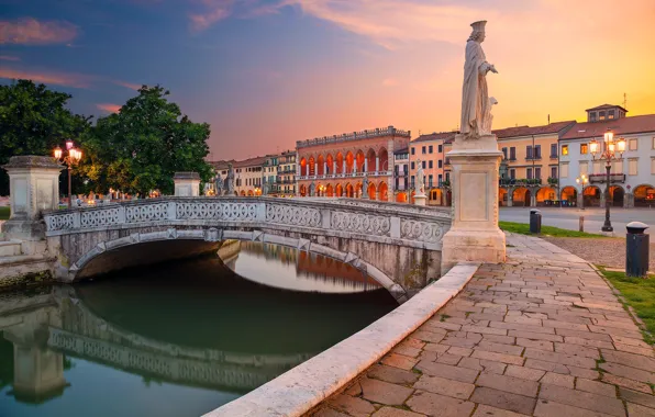Bridge, Italy, channel, statue, promenade, Italy, Padova, Padova