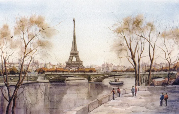 Bridge, the city, river, figure, France, Paris, Eiffel tower