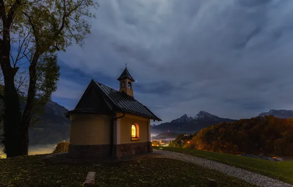 Picture autumn, landscape, mountains, nature, the evening, Bayern, track, twilight, chapel, Watzmann