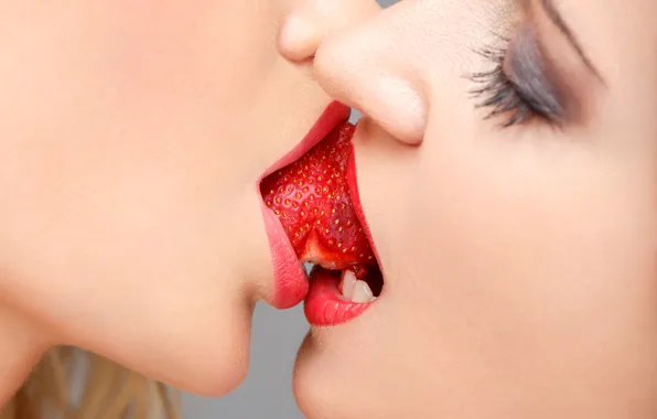 Kiss, lips, strawberry, sensuality
