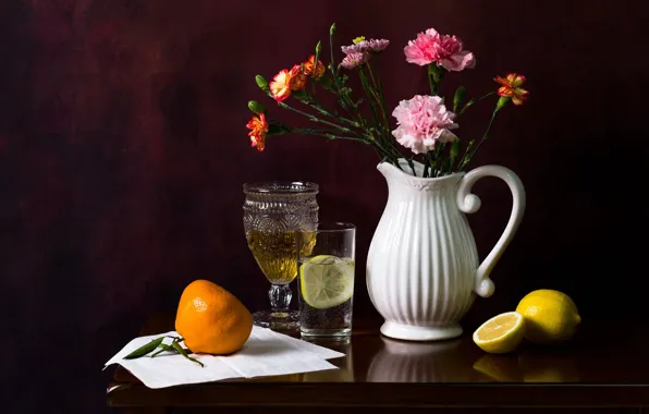Flowers, glass, the dark background, glass, pitcher, still life, items, lemons