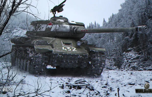 Picture winter, forest, snow, trees, the way, tank, The is-2, keeps