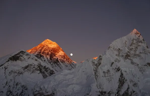 Winter, the sky, snow, mountains, night, nature, rocks, the moon