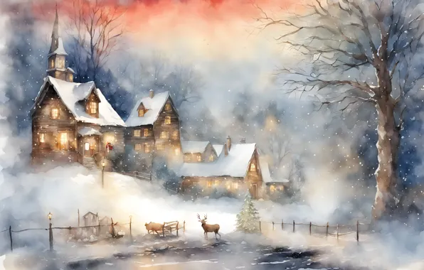 Winter, snow, deer, houses