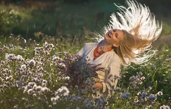 Picture girl, joy, nature, laughter, blonde