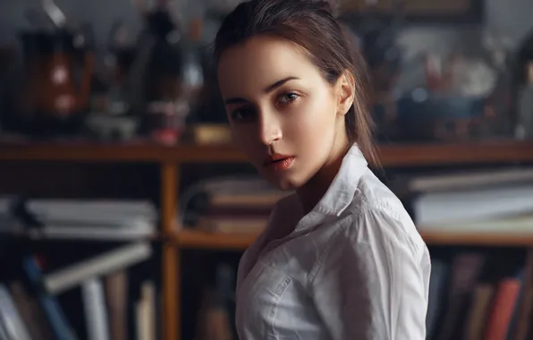 Picture look, girl, sweetheart, portrait, brunette, hairstyle, shirt, white
