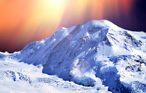 Picture the sun, rays, snow, glare, mountain
