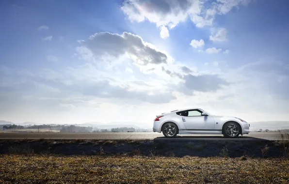 Picture road, the sky, the sun, the steppe, shadow, Nissan 370Z GT