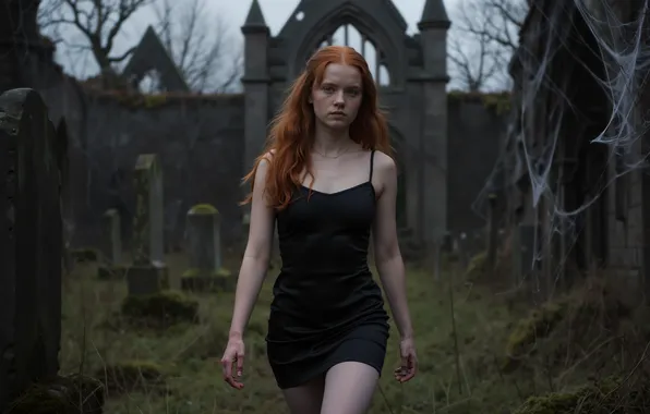 Wallpaper, photography, woman, cemetery, ruins, castle, digital art, black dress