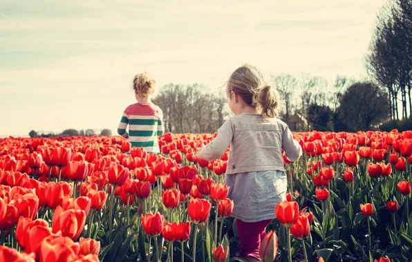 Picture Spring, Tulips, Children, Child, Two, Girls, Spring, Tulips