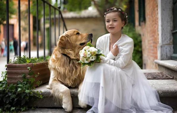 Picture each, dog, bouquet, girl