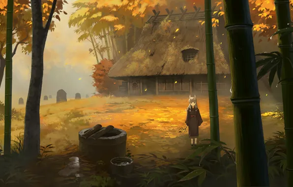 Autumn, house, child, horns, youkai
