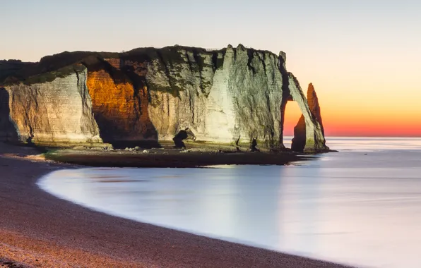 Sea, light, night, rocks, shore, France, tide, arch