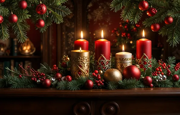 Balls, lights, candles, Christmas, New year, the scenery, needles, chest
