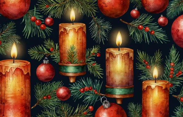 Balls, branches, lights, the dark background, flame, candles, Christmas, New year