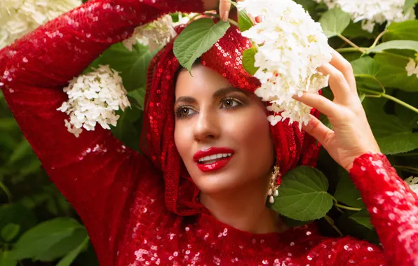 Flowers, smile, foliage, portrait, beauty, sequins, red dress, brown eyes